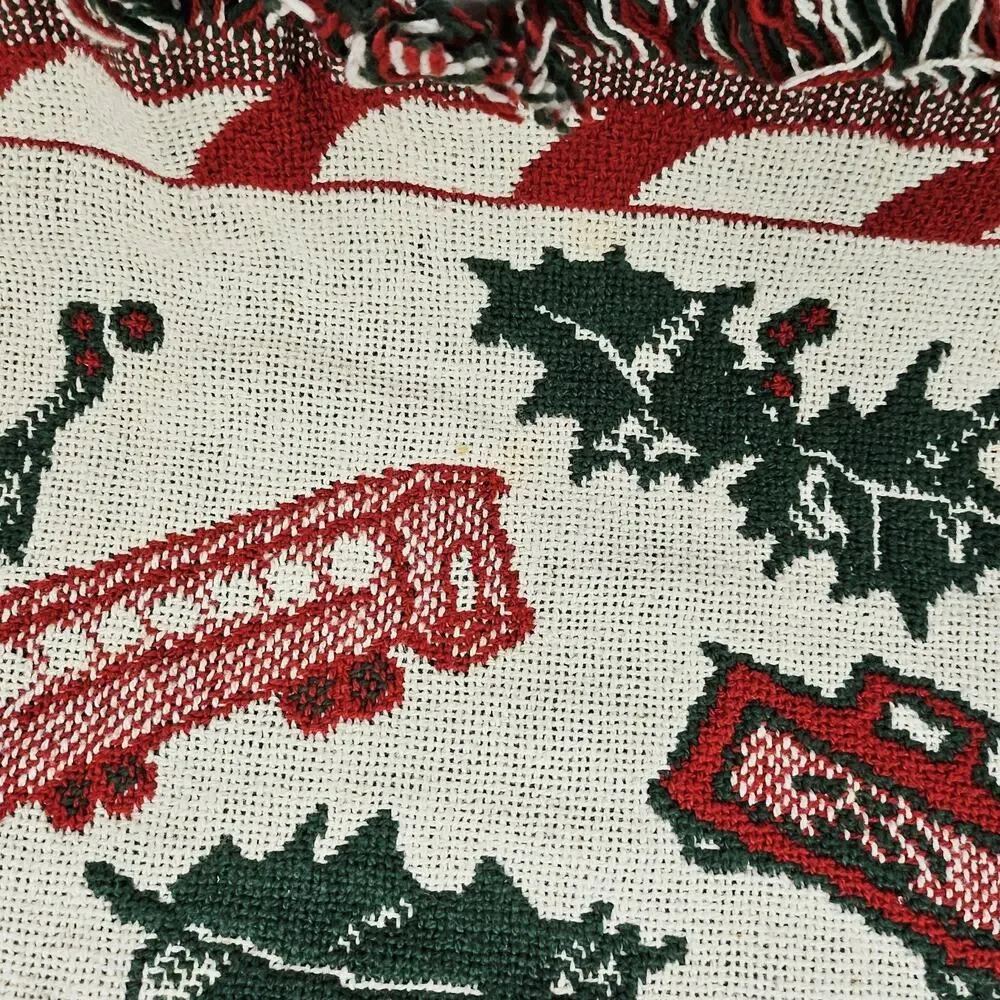 Vintage Christmas Holiday Thrown Blanket Woven Tapestry Santa Claus Reversible